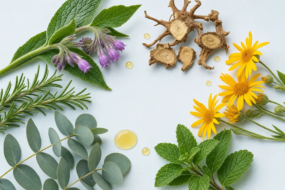 Die sechs Pflanzenwirkstoffe von Flexosamine Pro: Beinwell, Teufelskralle, Arnika, Pfefferminze, Eukalyptus, Rosmarin Die sechs Pflanzenwirkstoffe von Flexosamine Pro: Beinwell, Teufelskralle, Arnika, Pfefferminze, Eukalyptus, Rosmarin