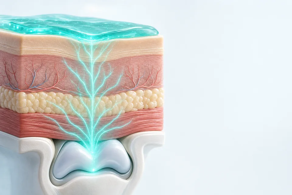 Schema: Aufnahme des Gels durch Hautschichten bis zum Gelenk